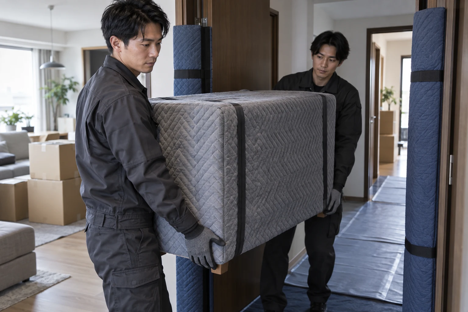 出入口を養生し、保護材で包んだ家具を運ぶ作業のイメージ